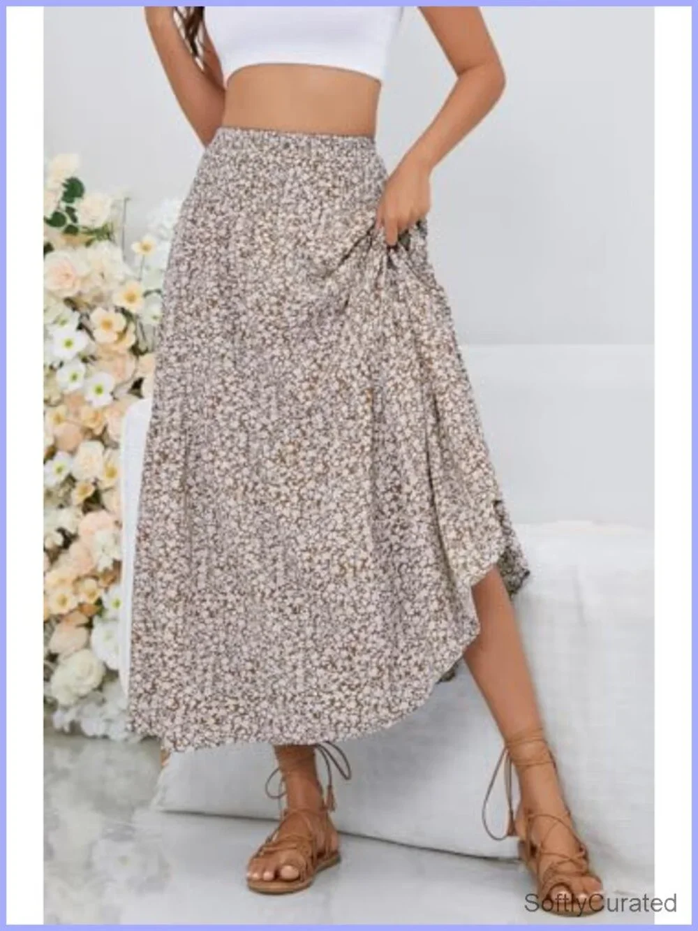 Boho Maxi Skirt Floral Smocked High Waist Long Skirts with Pockets Flowy Beach